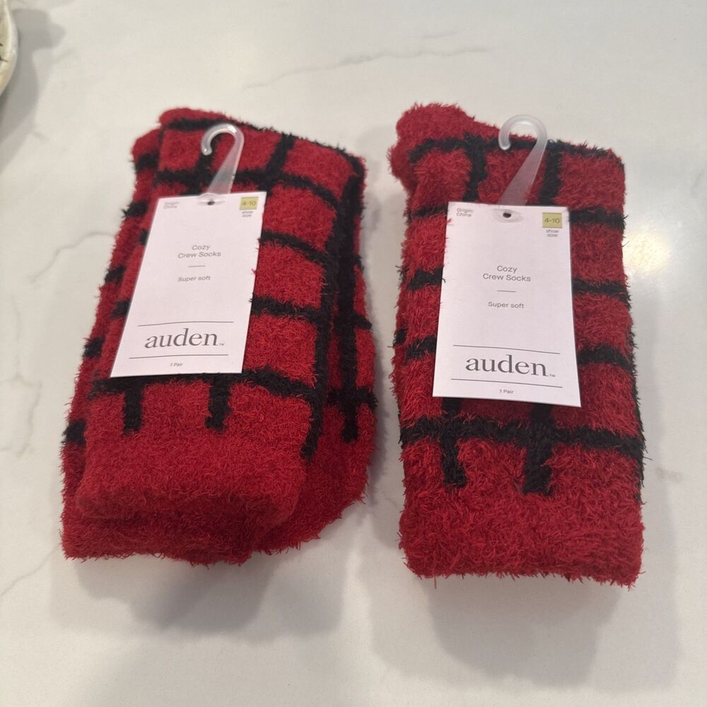 2 Pairs Auden Cozy Crew Socks Red Black Plaid Fuzzy Super Soft Shoe Size 4-10